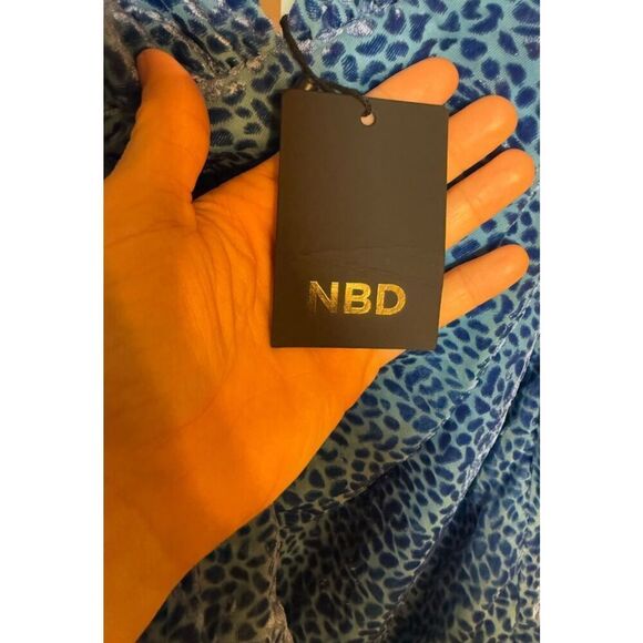 NEW NBD x Revolve Pari Mini Dress Blue Halter Flocked Animal Print Sz Small - Picture 11 of 12